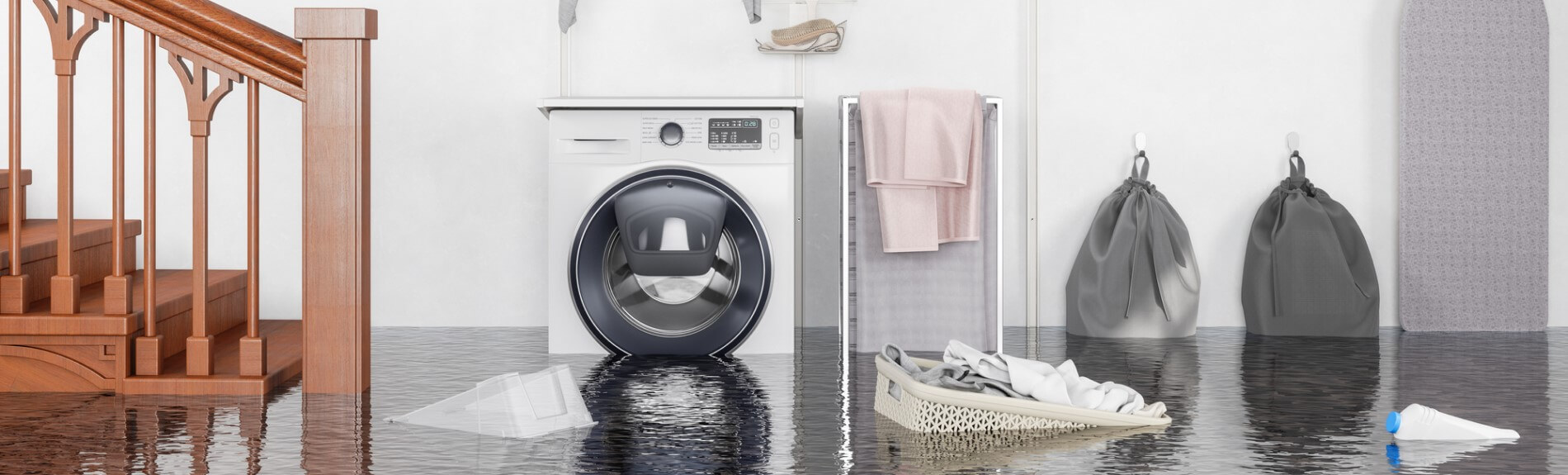 A flooded basement laundry room